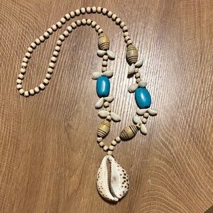Handcrafted Cowrie Puka Shell Beaded Necklace - Blue and Tan Beachy Boho